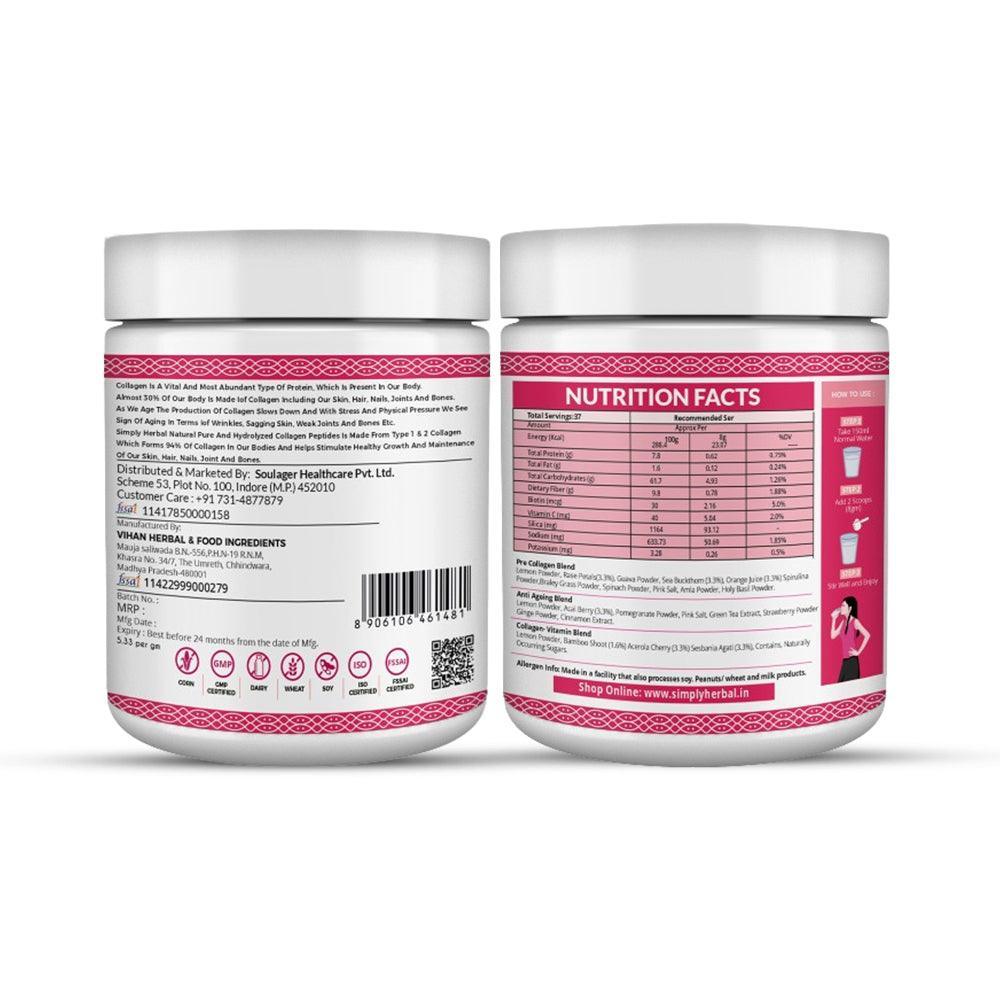 Simply Herbal Plant Based Collagen Powder Natural Peptide Builder Supplement Drink With Vitamin C, Silica, & Biotin For Skin Hair Nail Health Promote Bone Joint Function for Men & Women – 150 gm