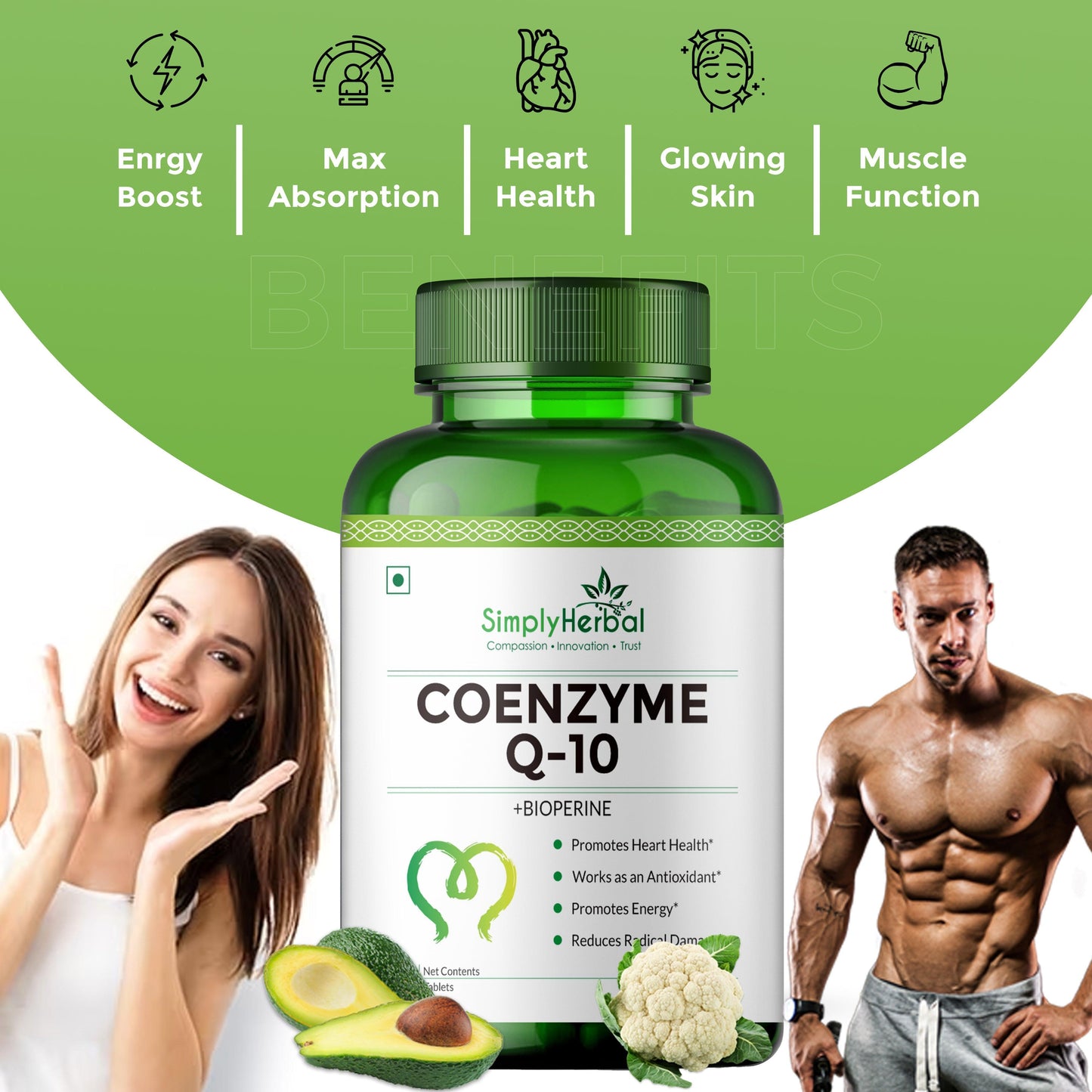 Simply Herbal CoQ10 Natural Coenzyme Q10 Tablets 200mg with Bioperine Antioxidant Supplements, Provide Superior Absorption, Supplement for Heart Health and Energy Metabolism - 60 Tablets