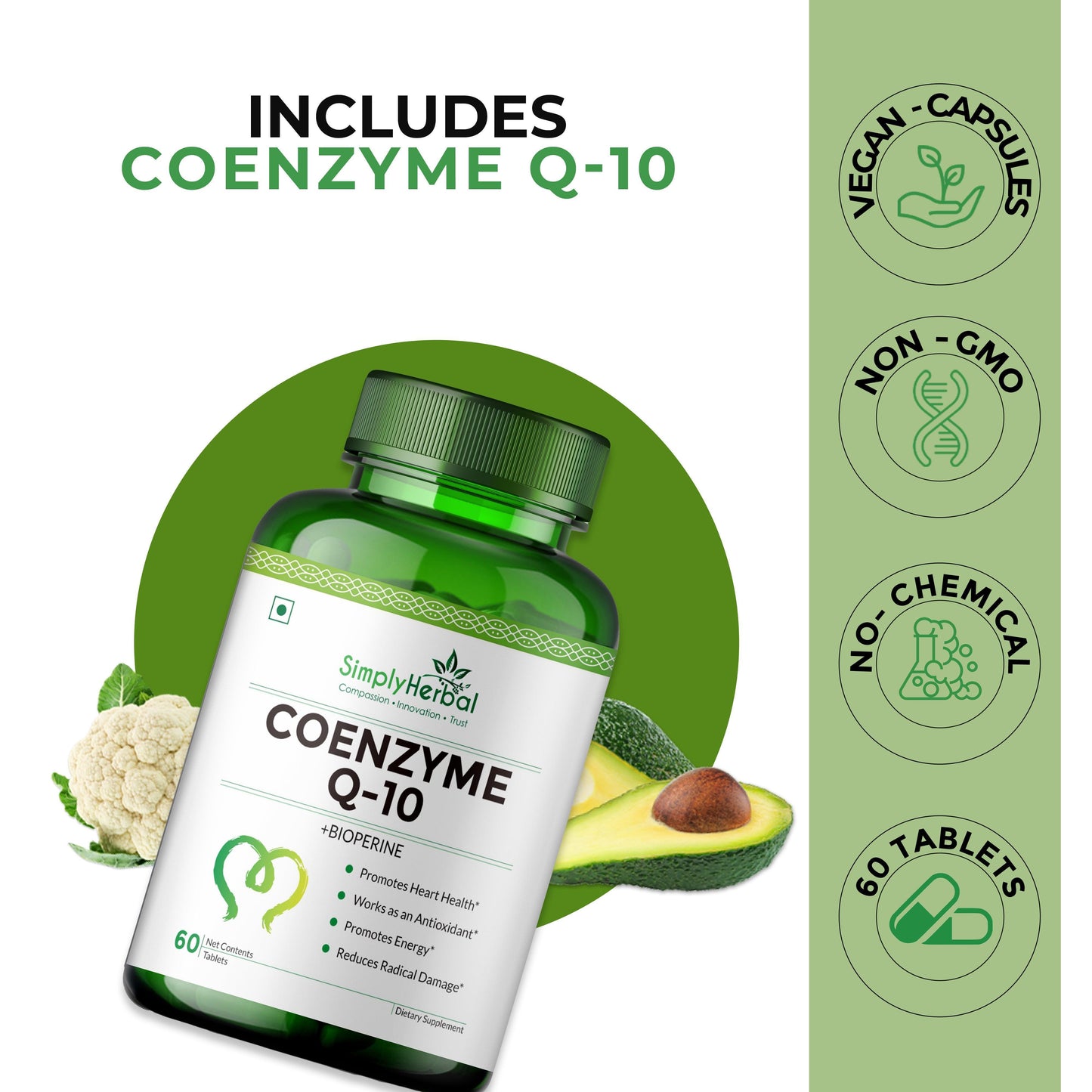 Simply Herbal CoQ10 Natural Coenzyme Q10 Tablets 200mg with Bioperine Antioxidant Supplements, Provide Superior Absorption, Supplement for Heart Health and Energy Metabolism - 60 Tablets