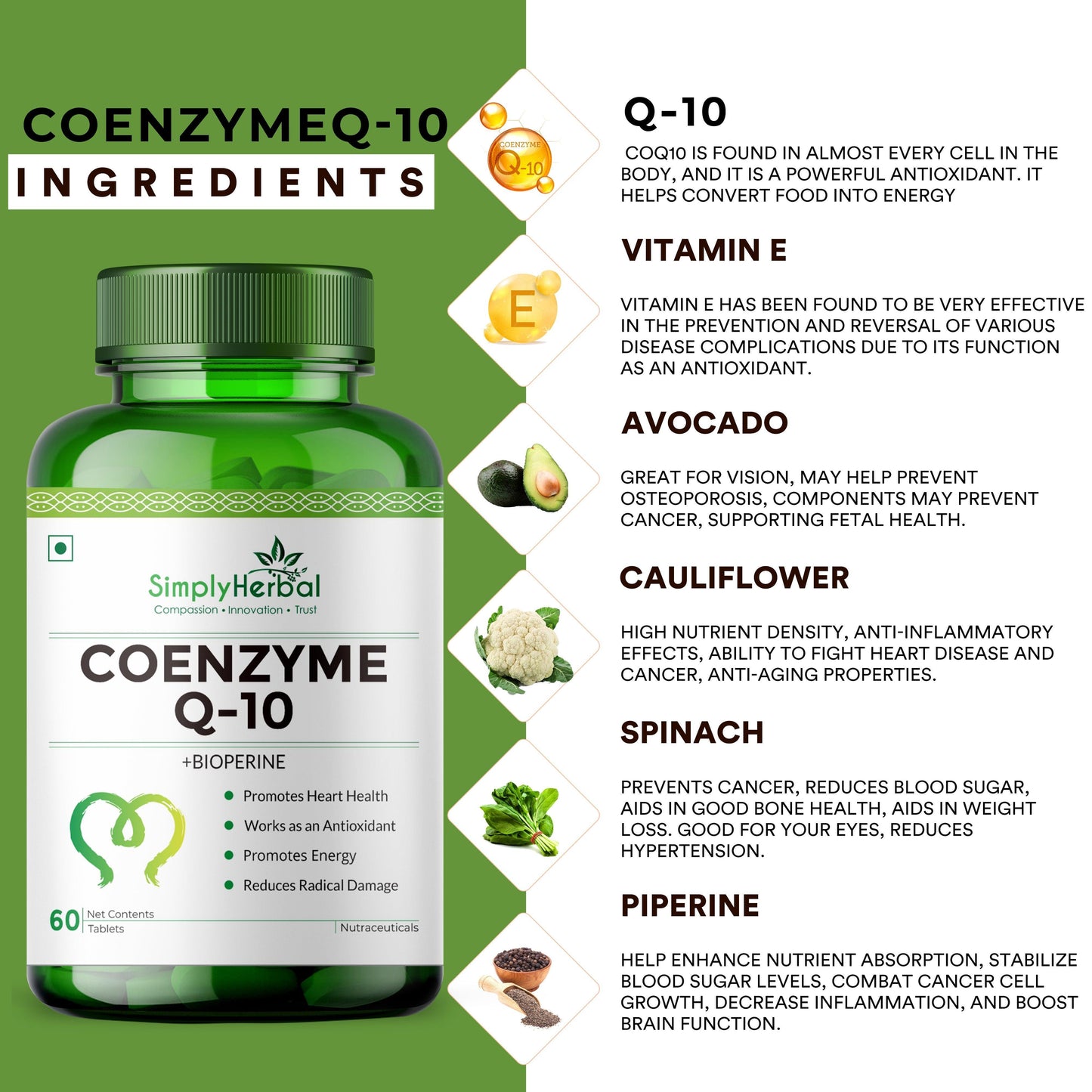 Simply Herbal CoQ10 Natural Coenzyme Q10 Tablets 200mg with Bioperine Antioxidant Supplements, Provide Superior Absorption, Supplement for Heart Health and Energy Metabolism - 60 Tablets