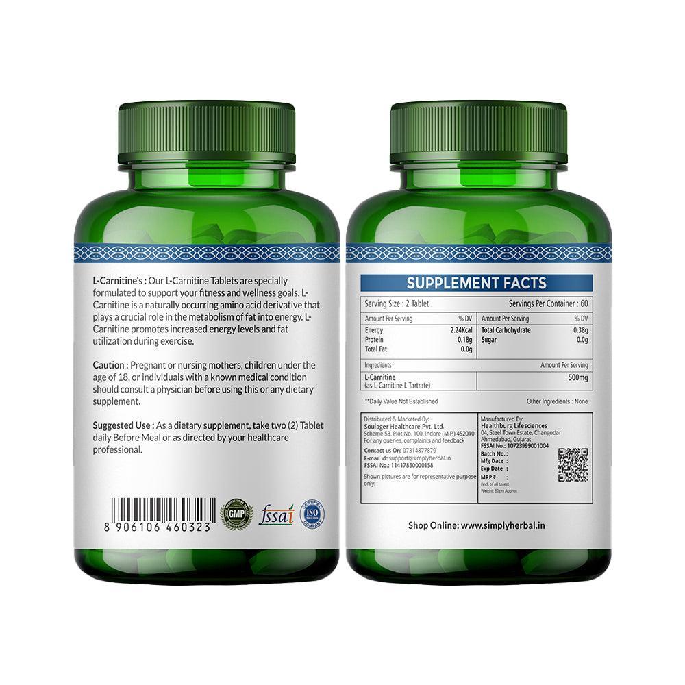 Simply Herbal L-Carnitine 500mg Tablet | Amino Acid for Endurance, Weight Management & Muscle Function | (120 Tablets)