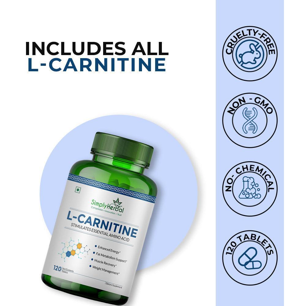 Simply Herbal L-Carnitine 500mg Tablet | Amino Acid for Endurance, Weight Management & Muscle Function | (120 Tablets)