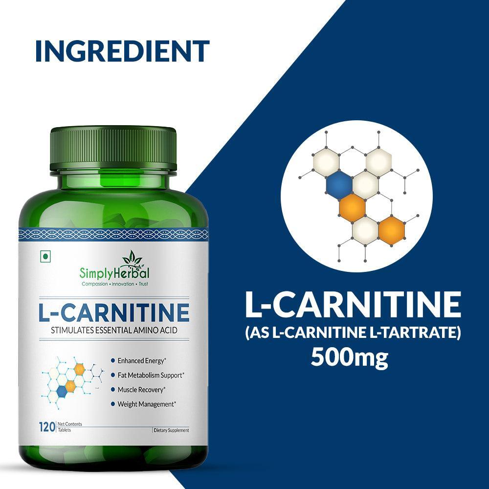 Simply Herbal L-Carnitine 500mg Tablet | Amino Acid for Endurance, Weight Management & Muscle Function | (120 Tablets)