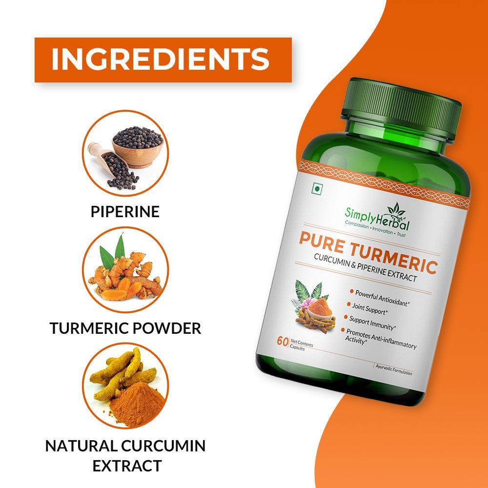 Simply Herbal Pure Turmeric Curcumin & Piperine Extract Capsule - 800 MG for Immunity | Immunity Boosters Capsule for Adults | Good for Skin & Joint Pains | Natural and Pure Curcuminoids(60- Capsule )