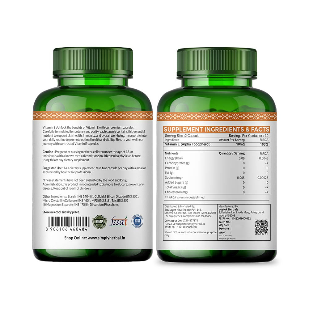 Simply Herbal Vitamin E Capsule for Glowing Skin and Strong Hair | 100% Natural Vitamin E - 60 Capsules