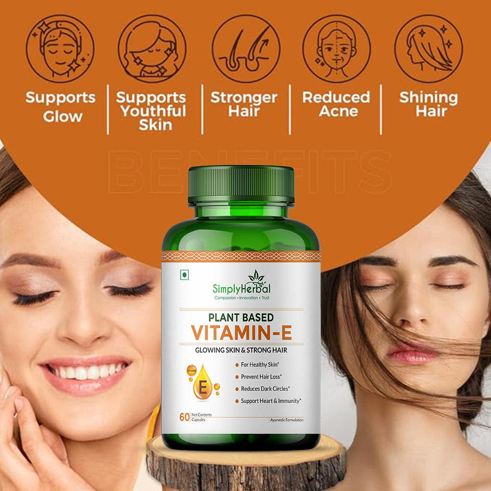 Simply Herbal Vitamin E Capsule for Glowing Skin and Strong Hair | 100% Natural Vitamin E - 60 Capsules