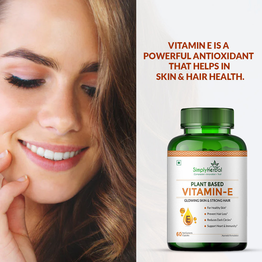 Simply Herbal Vitamin E Capsule for Glowing Skin and Strong Hair | 100% Natural Vitamin E - 60 Capsules