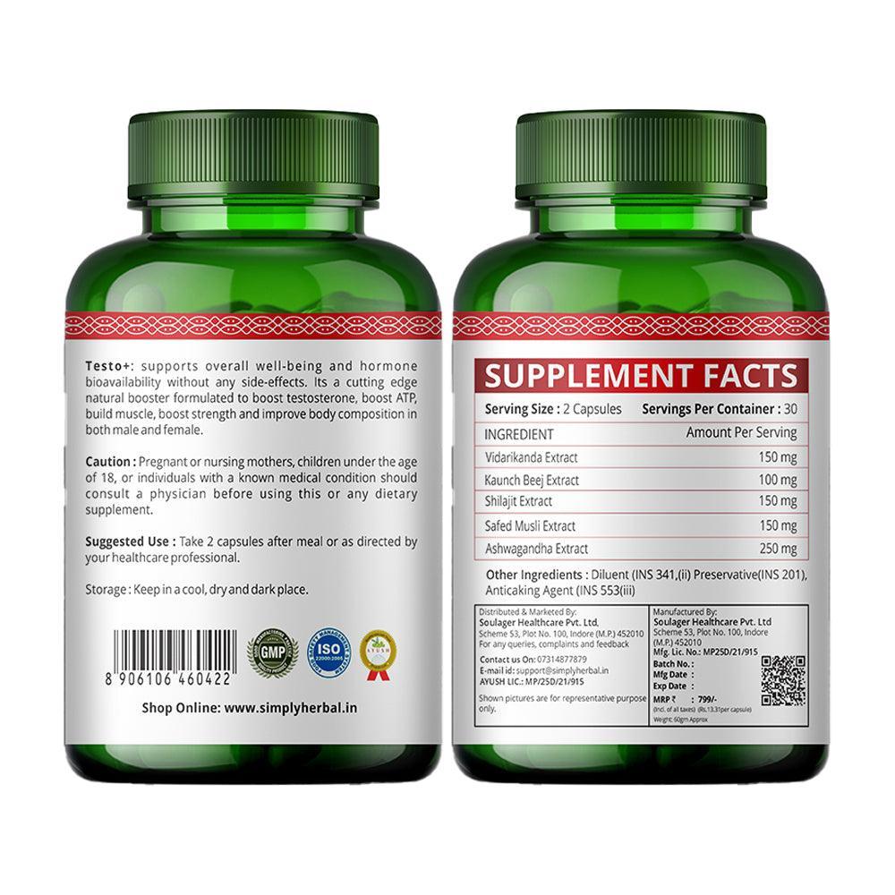 Simply Herbal Testo+ Supplement for Men With Kaunch Beej & Ashwagandha, Testo Booster Supplement, Boost Muscles Growth & Energy, Increase Athletic Performance, Natural Herbs (60 Veg Capsules)