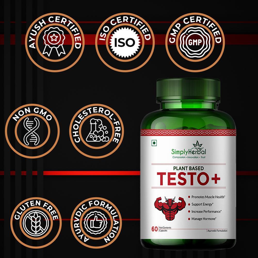 Simply Herbal Testo+ Supplement for Men With Kaunch Beej & Ashwagandha, Testo Booster Supplement, Boost Muscles Growth & Energy, Increase Athletic Performance, Natural Herbs (60 Veg Capsules)