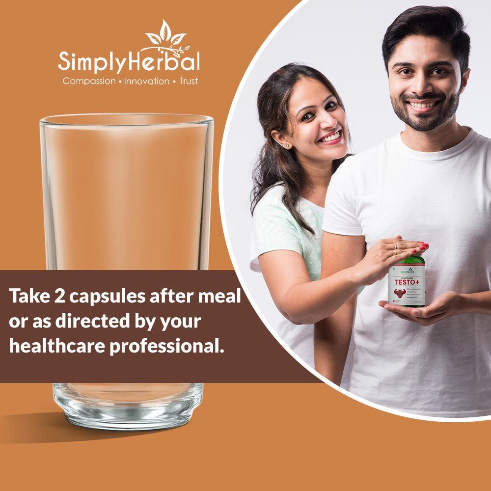 Simply Herbal Testo+ Supplement for Men With Kaunch Beej & Ashwagandha, Testo Booster Supplement, Boost Muscles Growth & Energy, Increase Athletic Performance, Natural Herbs (60 Veg Capsules)