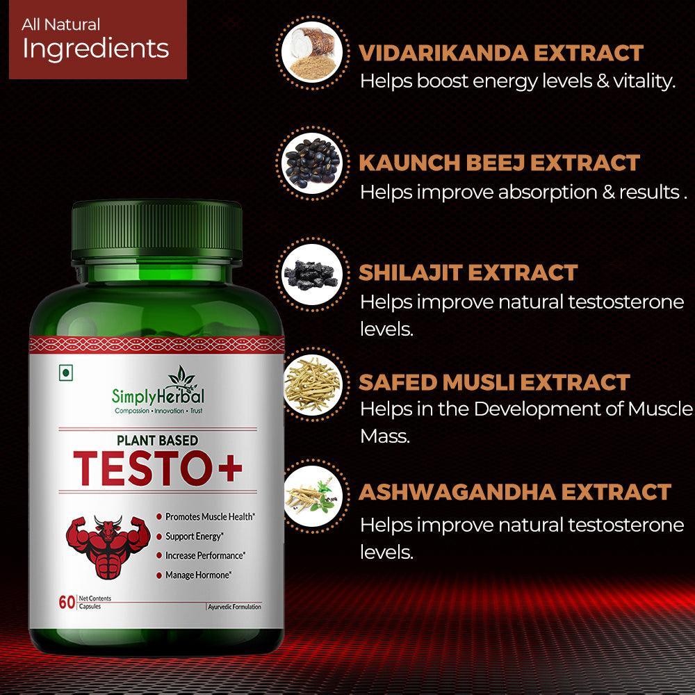 Simply Herbal Testo+ Supplement for Men With Kaunch Beej & Ashwagandha, Testo Booster Supplement, Boost Muscles Growth & Energy, Increase Athletic Performance, Natural Herbs (60 Veg Capsules)