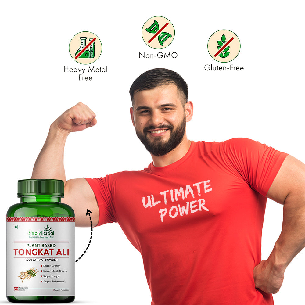 Simply Herbal Tongkat Ali Capsules root extract powder 1000mg | Enhanced testosterone level, Stamina and Stress tolerance 60 Veg Capsules
