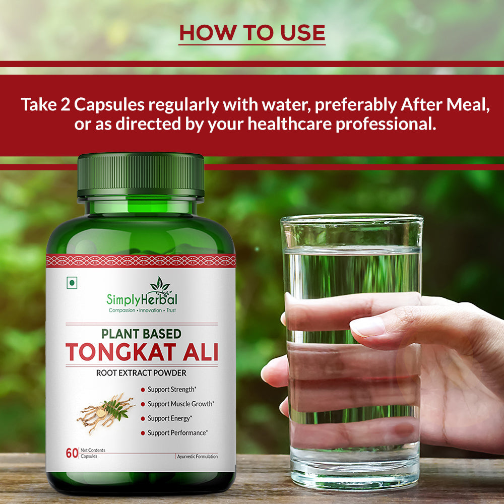 Simply Herbal Tongkat Ali Capsules root extract powder 1000mg | Enhanced testosterone level, Stamina and Stress tolerance 60 Veg Capsules