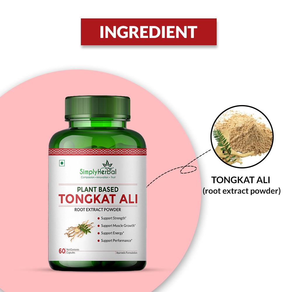 Simply Herbal Tongkat Ali Capsules root extract powder 1000mg | Enhanced testosterone level, Stamina and Stress tolerance 60 Veg Capsules