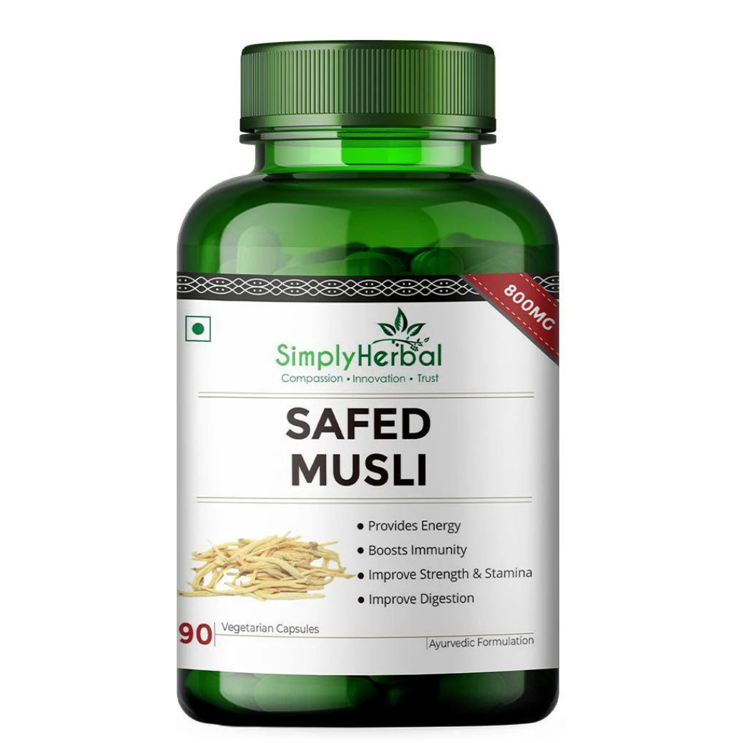 Simply Herbal Safed Musli 800mg Vegetarian Capsules - 90 Capules (Pack of 2 & 3)