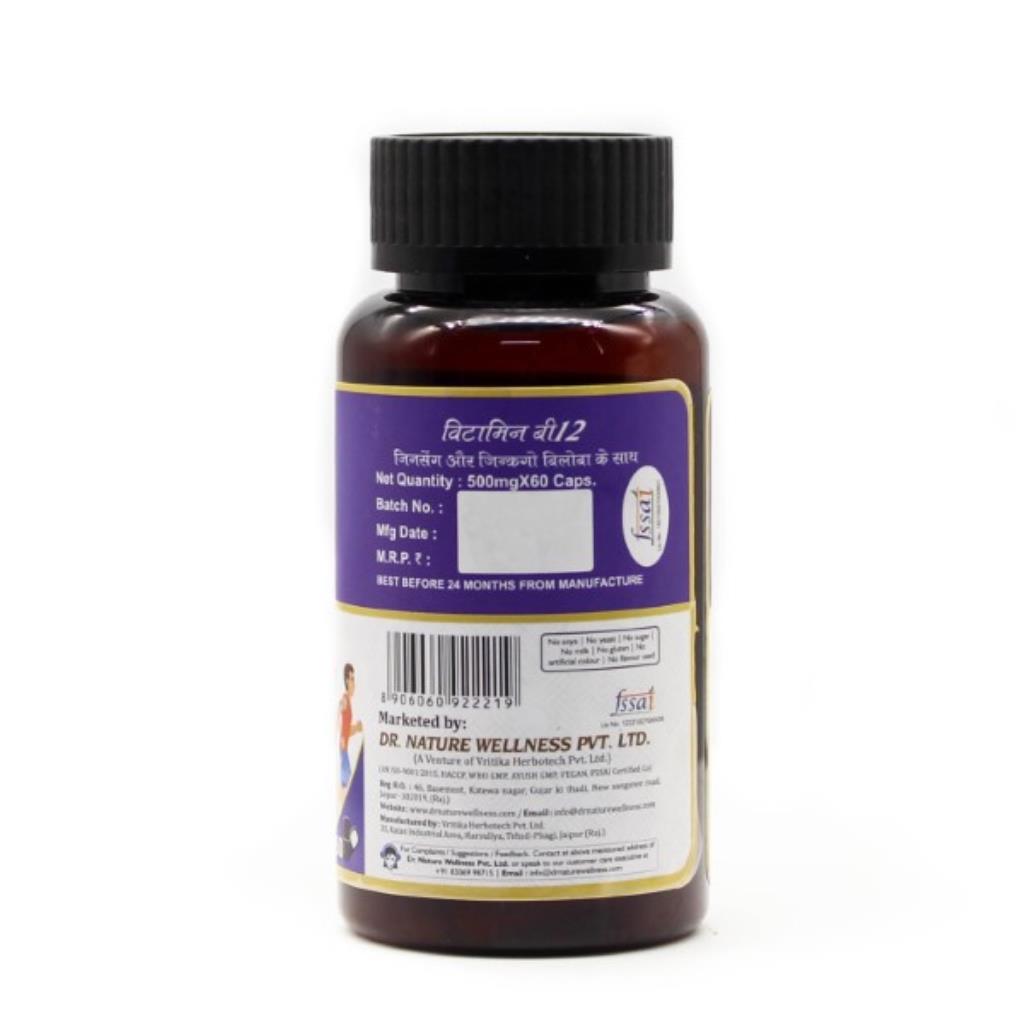 Dr. Nature Vitamin B12 Capsule with Ginseng & Ginkgo Biloba - 500mg - 60 Capsules