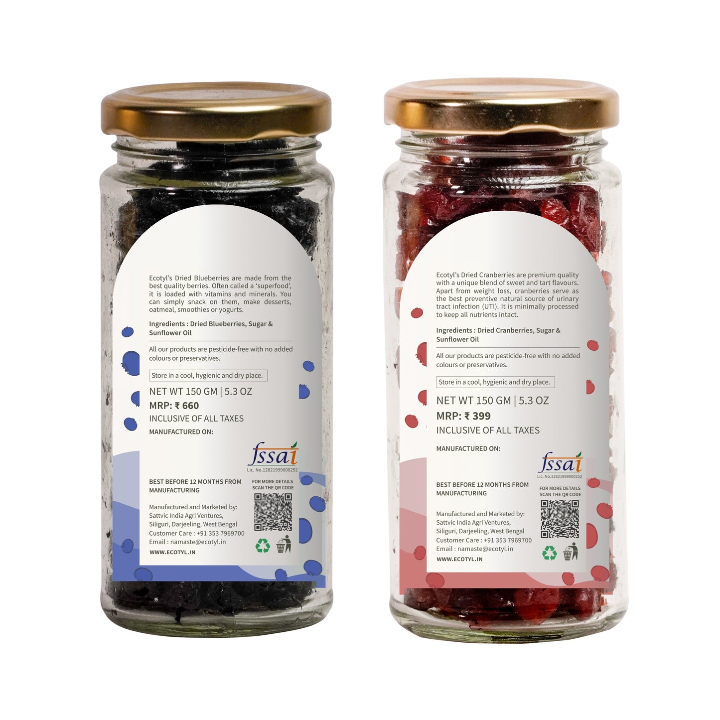 Ecotyl Combo Pack of Dried Blueberries & Dried Cranberries (150gm Each)