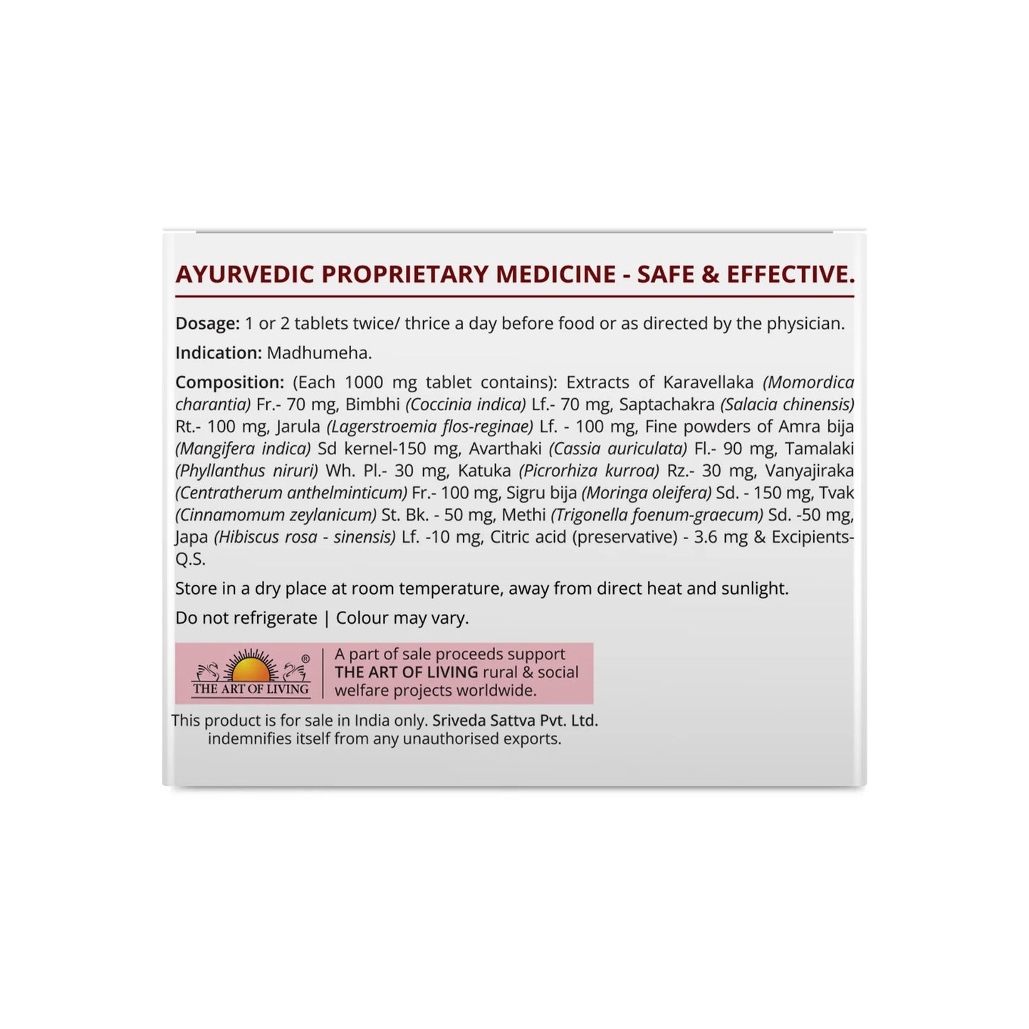 Sri Sri Tattva Diafyn Tablet - Blood Sugar Control - 1000mg - 100 Tablets