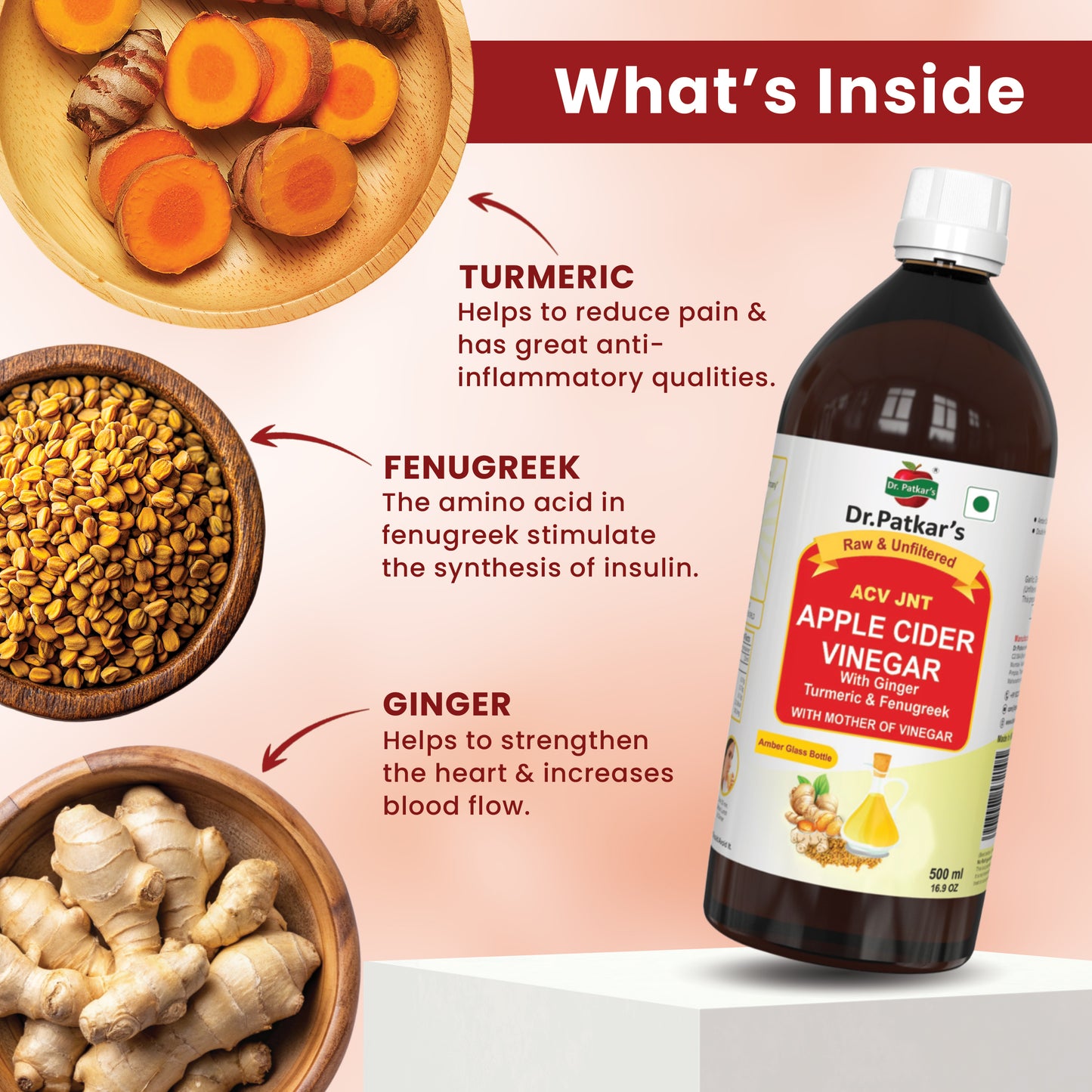 Dr. Patkar's Apple Cider Vinegar Ginger, Turmeric & Fenugreek with the Mother (500ml Each)