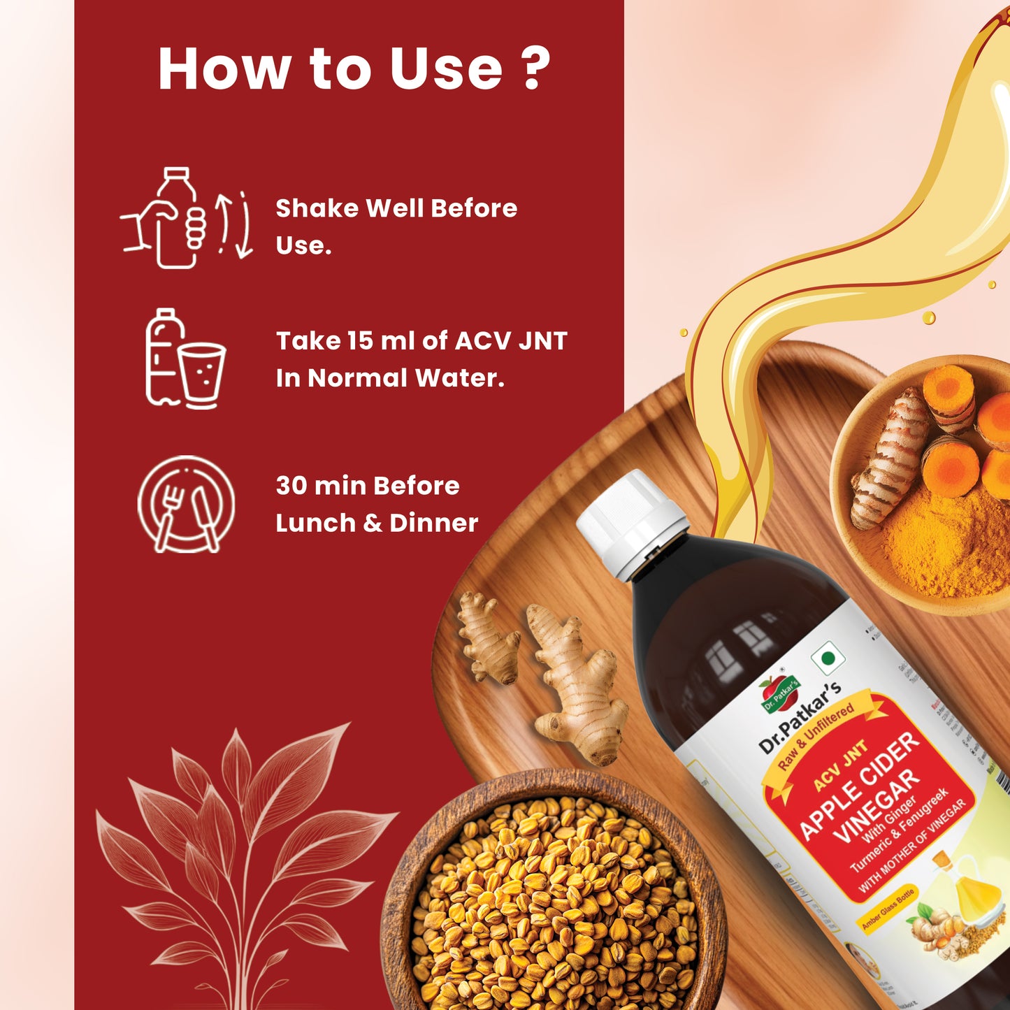 Dr. Patkar's Apple Cider Vinegar Ginger, Turmeric & Fenugreek with the Mother (500ml Each)