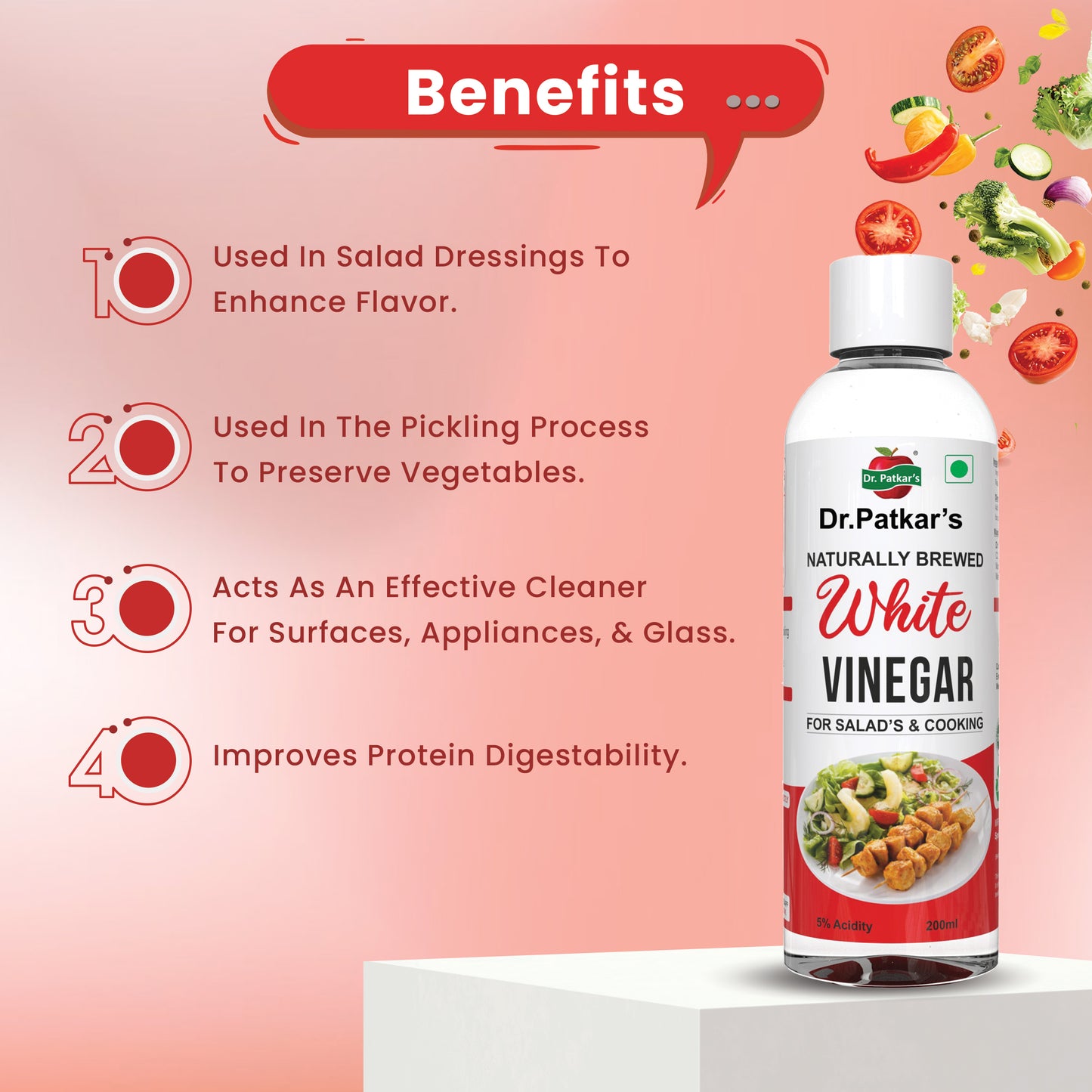 Dr. Patkar's Naturally Brewed White Vinegar for Salad Cooking Cleaning Purpose Flavoursome & Nutritious (200ml) Pack of 3