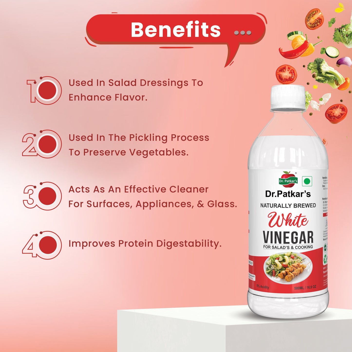 Dr. Patkar's Naturally Brewed White Vinegar for Salad Cooking | Cleaning Purpose | Flavoursome & Nutritious (500ml) Pack of 2