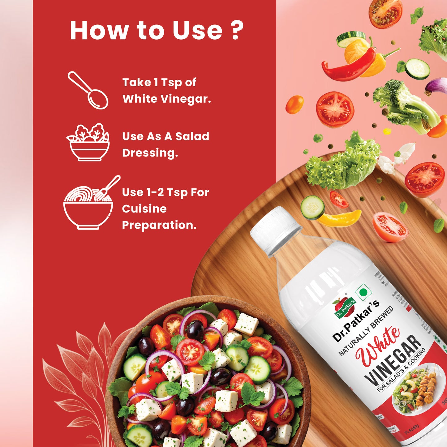 Dr. Patkar's Naturally Brewed White Vinegar for Salad Cooking | Cleaning Purpose | Flavoursome & Nutritious (500ml) Pack of 2
