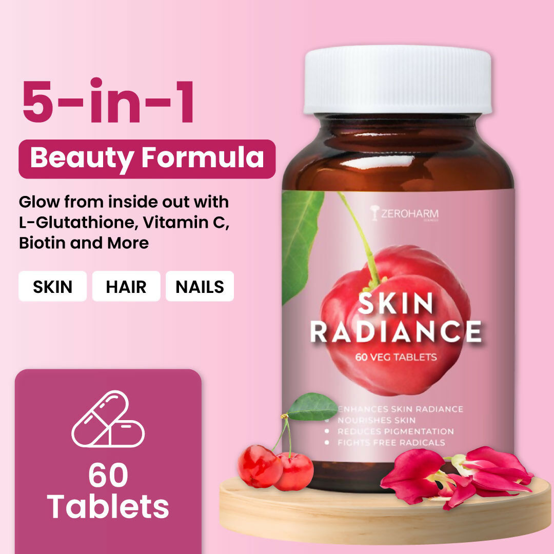 ZEROHARM Skin Radiance Supplement With L-Glutathione, Acerola Cherry Extract (Vitamin C), Vitamin B7(Biotin) & E - Helps Reduce Dark Spots, Brightens & Hydrates Skin for Men & Women - 60 Tablets