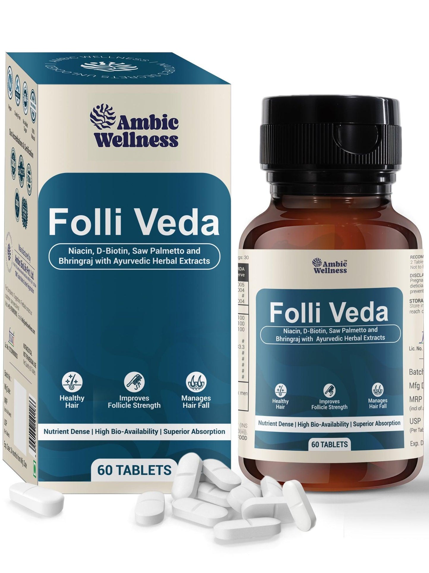 Ambic Wellness Folliveda Tablets I Hair Growth Supplement for Men & Women (60 Tablets)