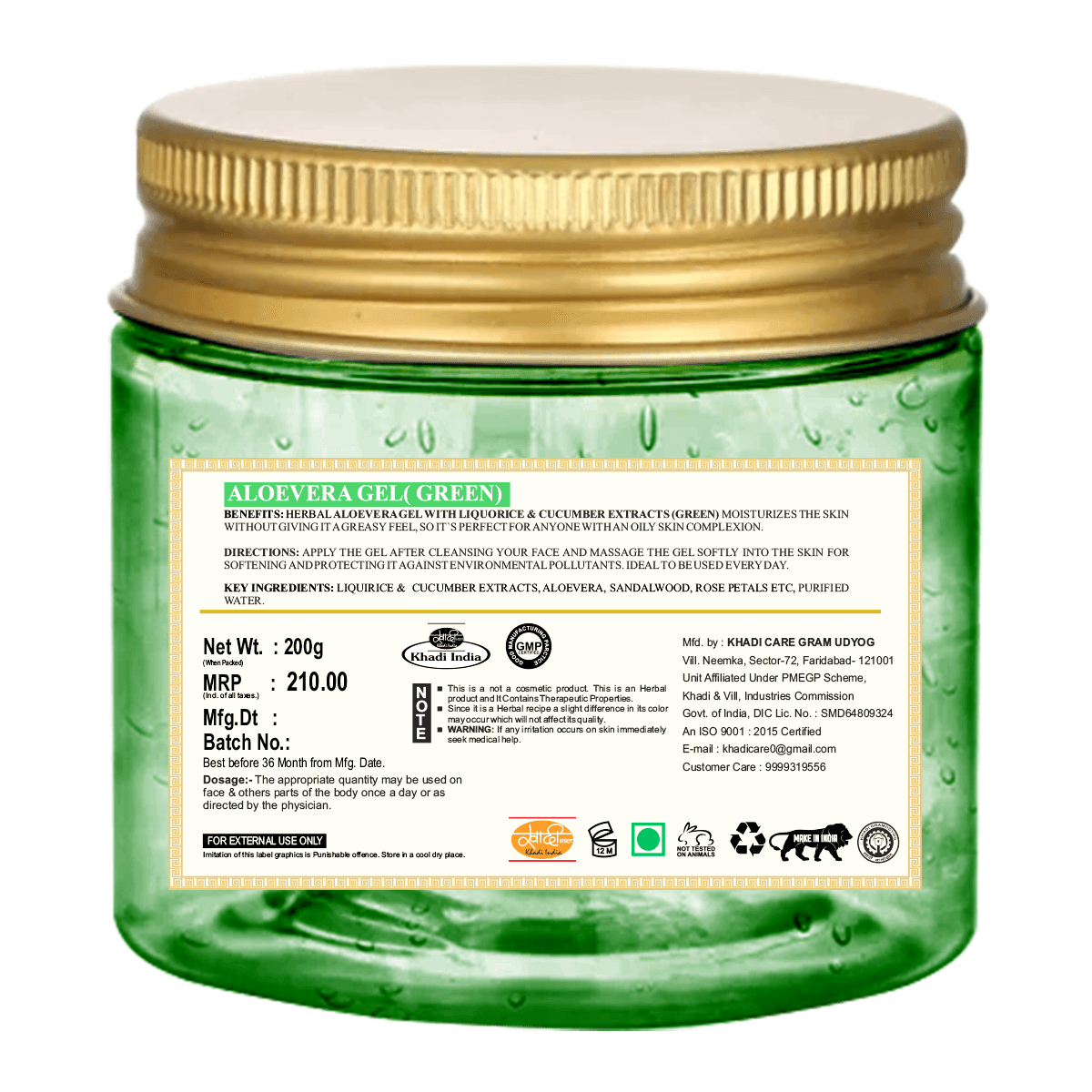 Khadi Care Herbal Aloevera Gel with Liquorice & Cucumber Extracts (Green) - 200g