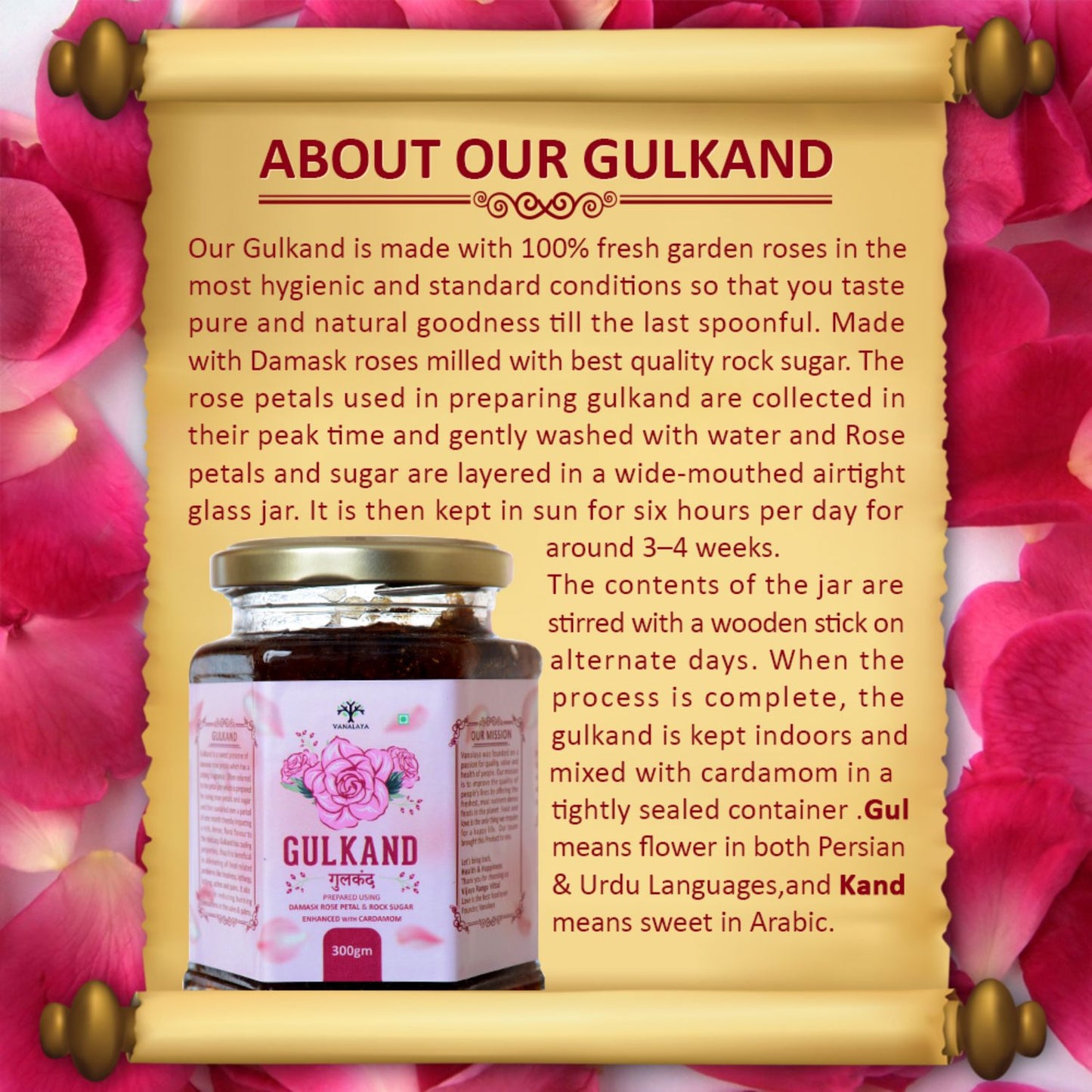 Vanalaya Natural Organic Gulkand Prepared Using Sun Cooked Damask Rose & Cardamon