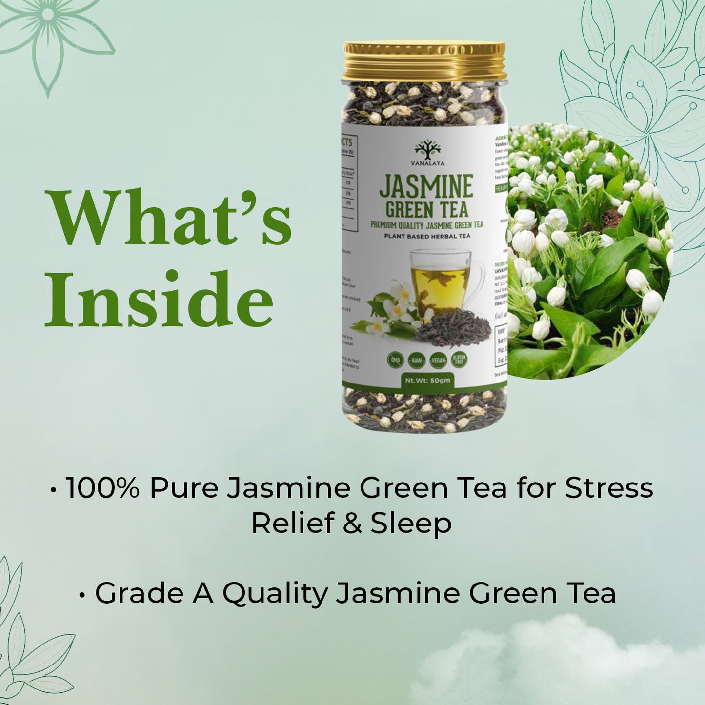 Vanalaya Jasmine Green Tea from Sun Dried Jasmine Petals for Clear Mind, Improve Mood, Stress Relief and Relives Anxiety 50gm