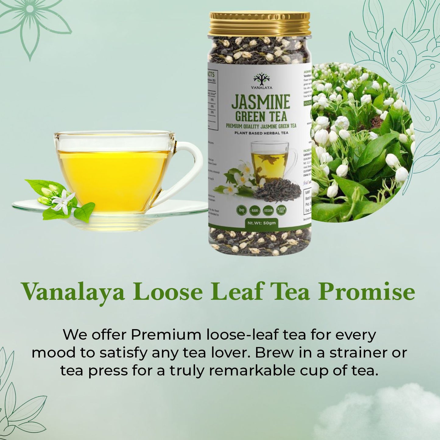 Vanalaya Jasmine Green Tea from Sun Dried Jasmine Petals for Clear Mind, Improve Mood, Stress Relief and Relives Anxiety 50gm