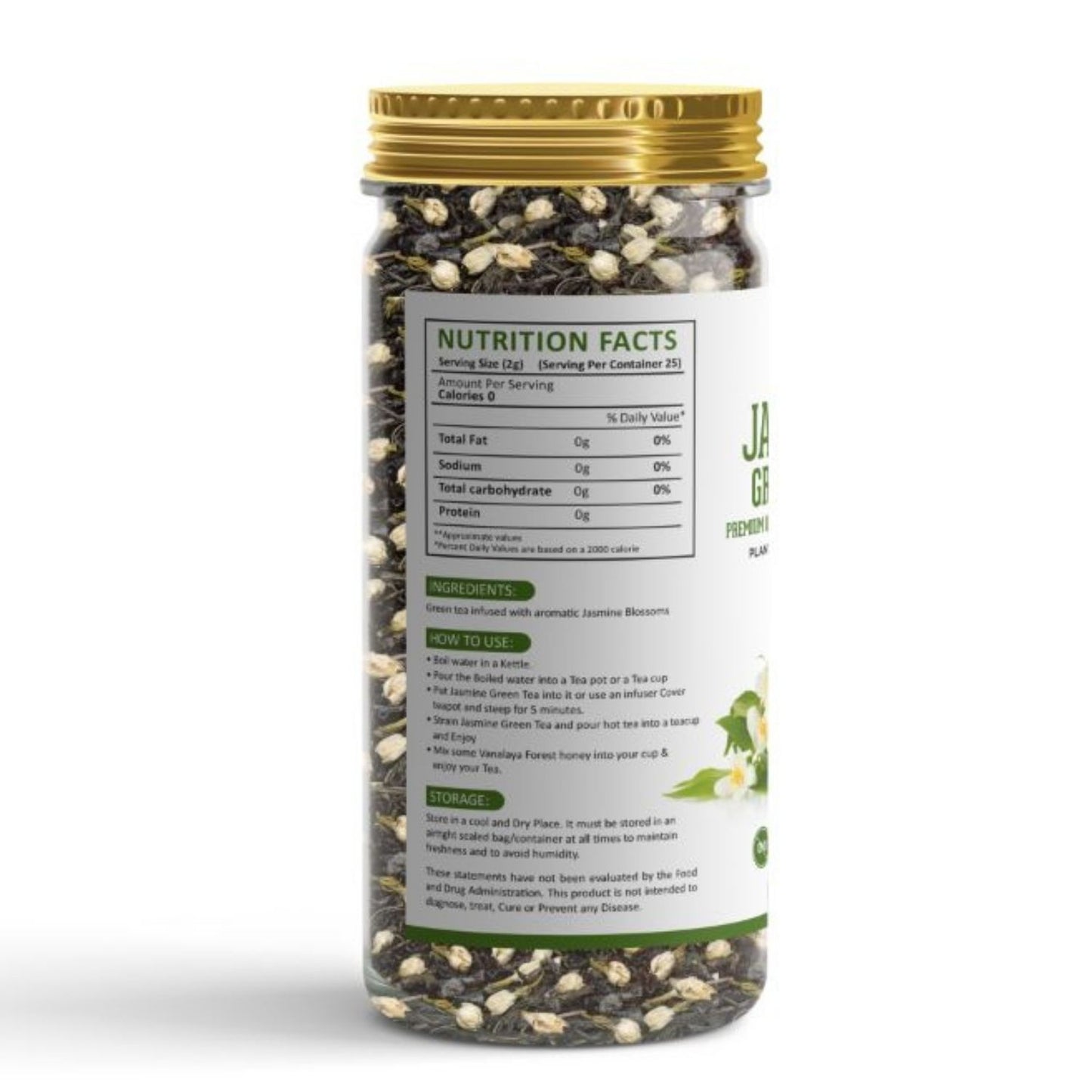 Vanalaya Jasmine Green Tea from Sun Dried Jasmine Petals for Clear Mind, Improve Mood, Stress Relief and Relives Anxiety 50gm