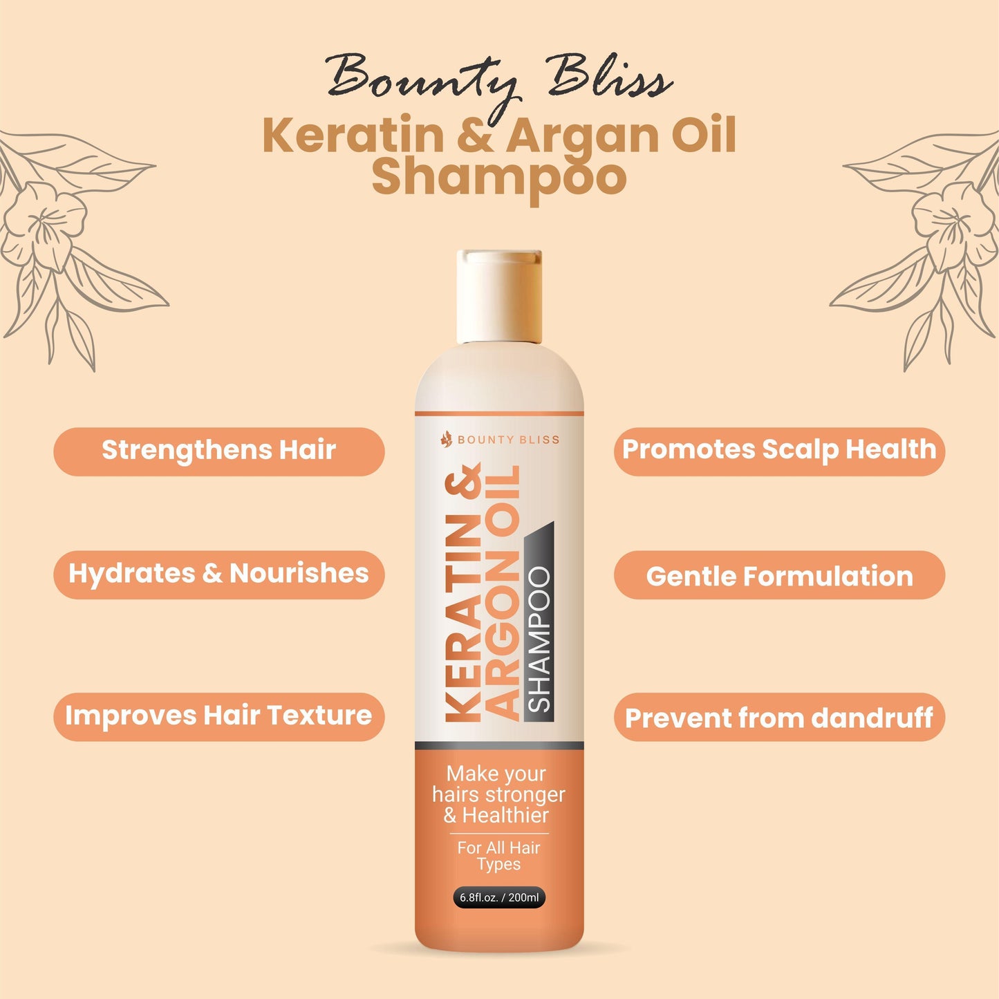 Bounty Bliss Keratin & Argan Oil Shampoo – Smoothing, Strengthening, Nourishing, Sulfate-Free, For All Hair Types - 200ml