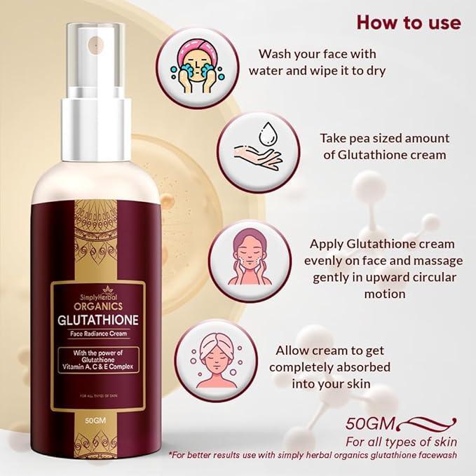 Simply Herbal Organics L Glutathione Face Cream with Vitamin A, C & E for All Skin Type, Anti Aging, Dark Spots removal, Skin Radiance, Pigmentation and Skin Care Cream, 50gm