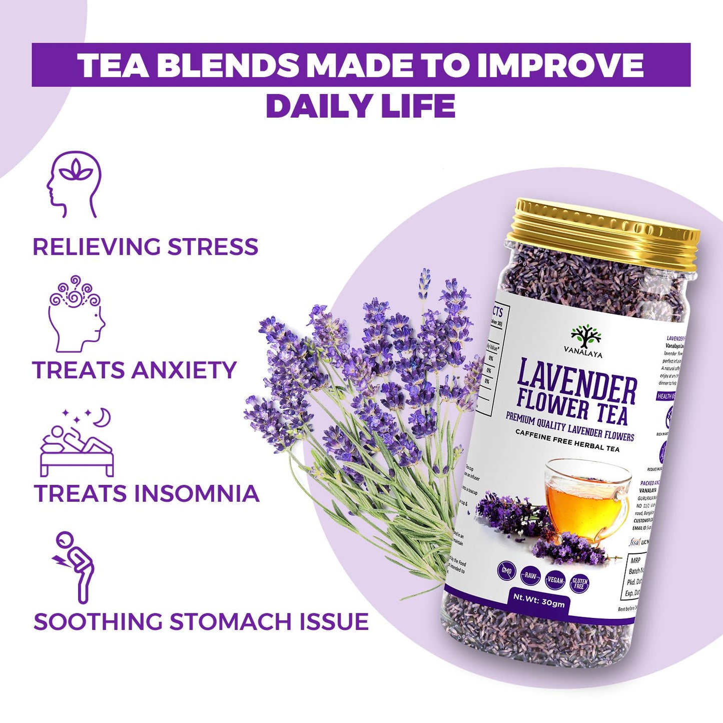 Vanalaya Organic Lavender Flower Tea from Sun Dried Flowers For Stress Relief 30gm