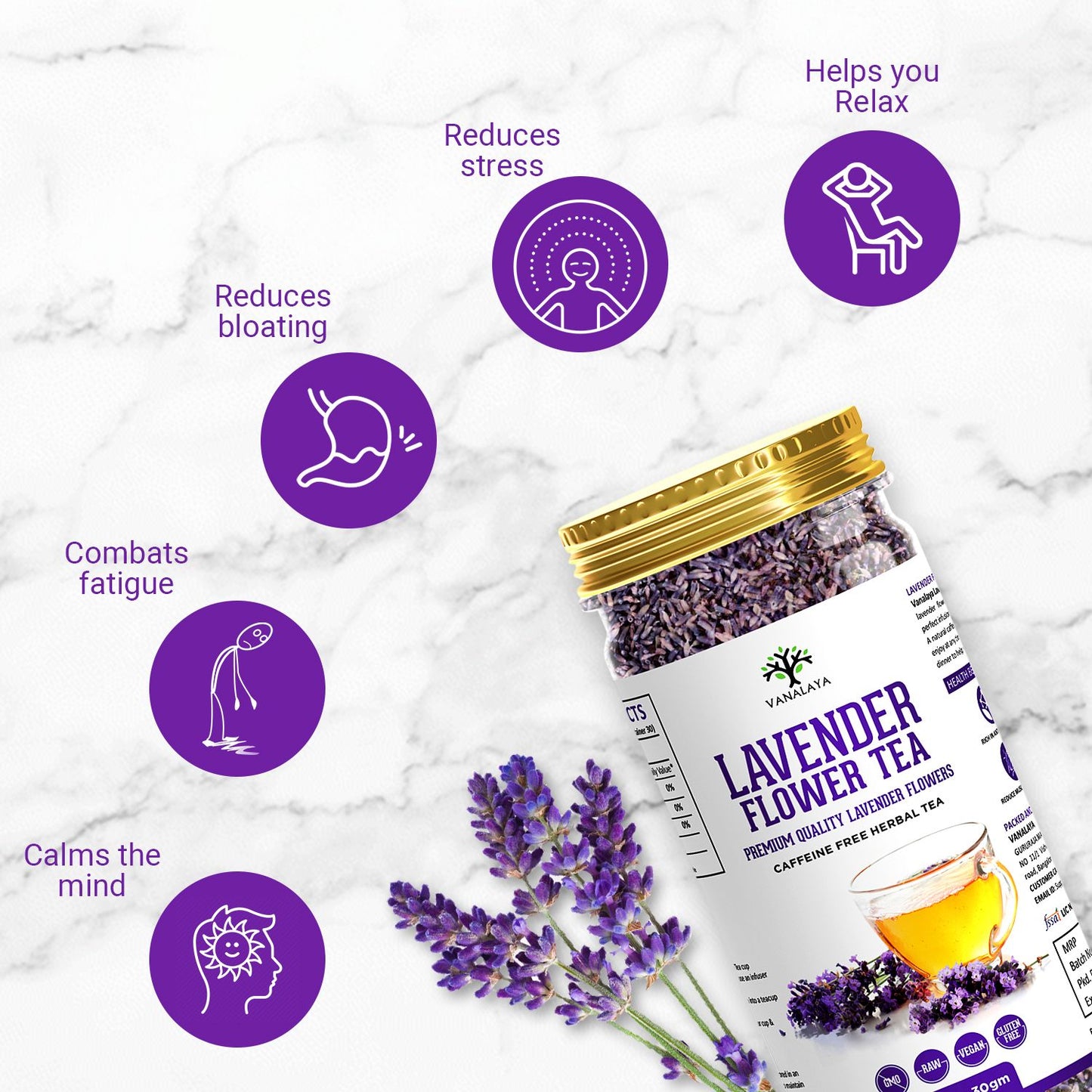 Vanalaya Organic Lavender Flower Tea from Sun Dried Flowers For Stress Relief 30gm