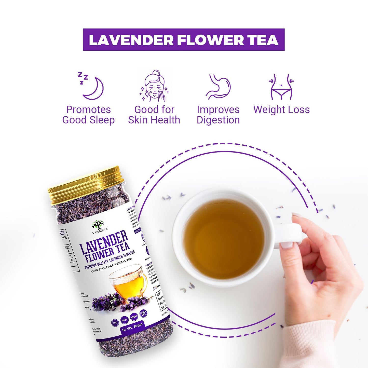 Vanalaya Organic Lavender Flower Tea from Sun Dried Flowers For Stress Relief 30gm