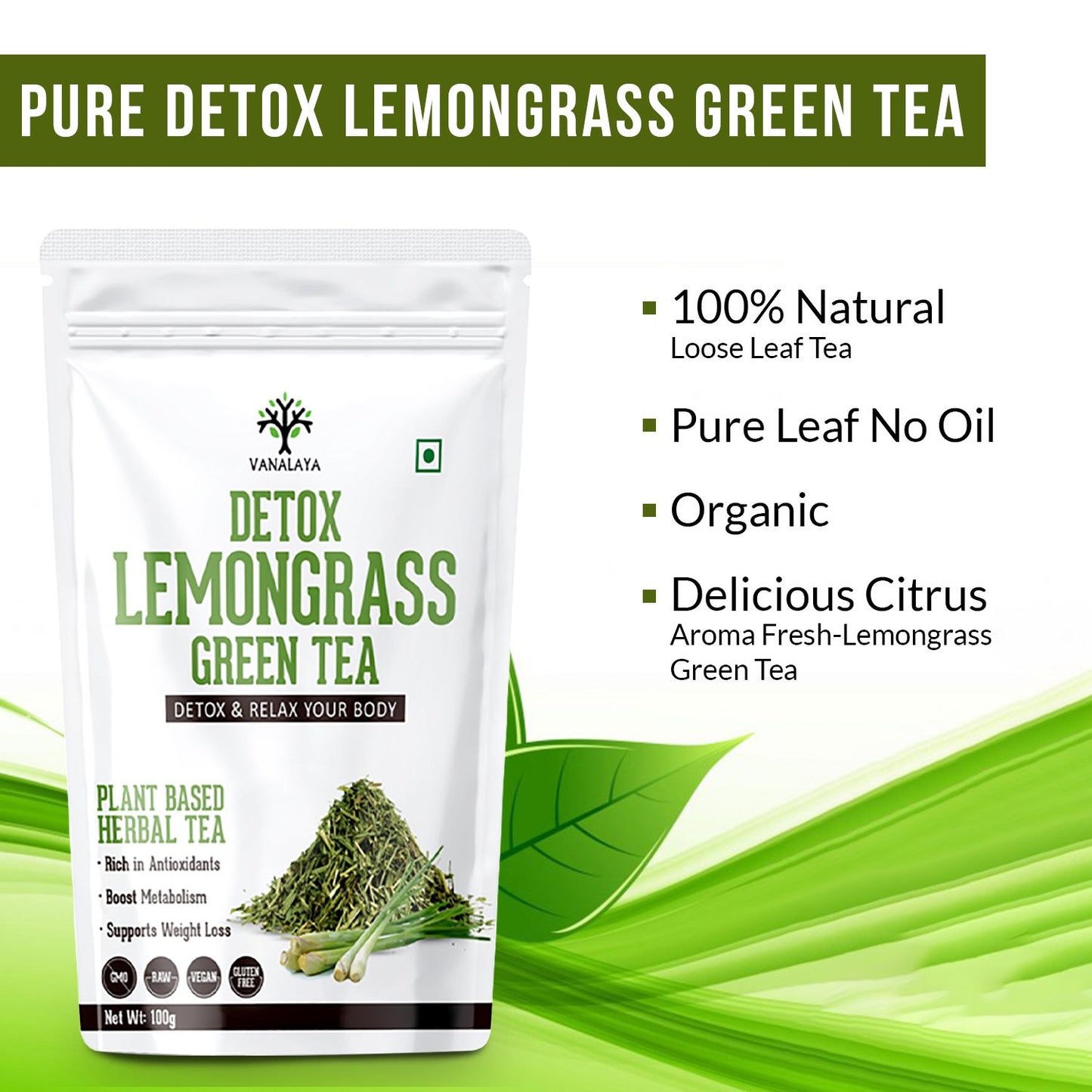 Vanalaya Lemongrass Green Tea for Detox Weight Loss & Digestion