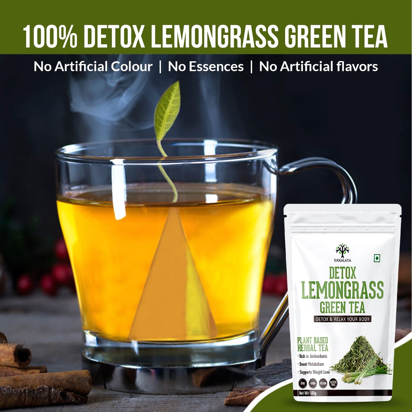 Vanalaya Lemongrass Green Tea for Detox Weight Loss & Digestion