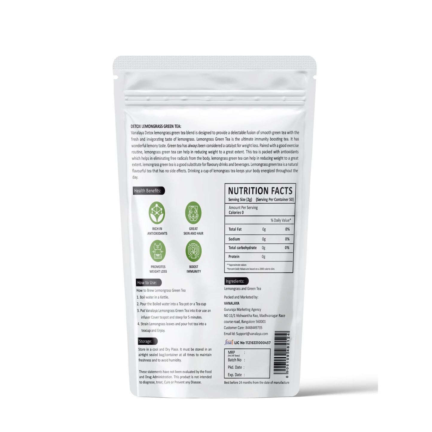 Vanalaya Lemongrass Green Tea for Detox Weight Loss & Digestion