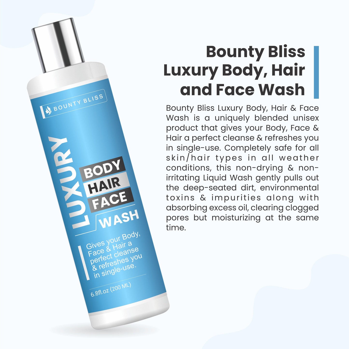 Bounty Bliss Luxury Body, Hair and Face Wash All Skin Types Clear, Glowing Skin 100% Vegan Paraben & Sulphates Free For Women & Men - 200ml