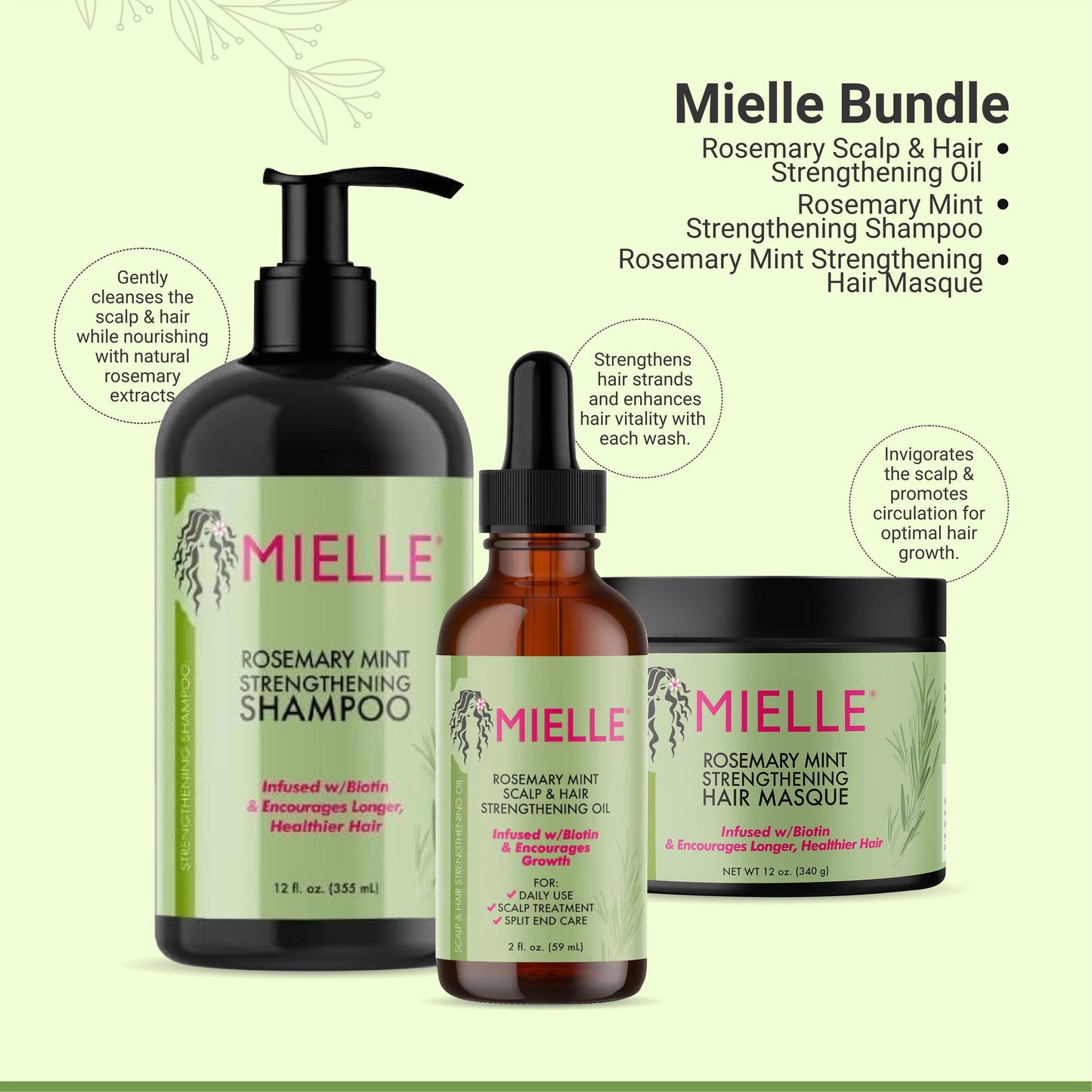 Mielle Bundle: Natural Rosemary Hair Care – Oil, Shampoo & Masque for Strong, Healthy Hair