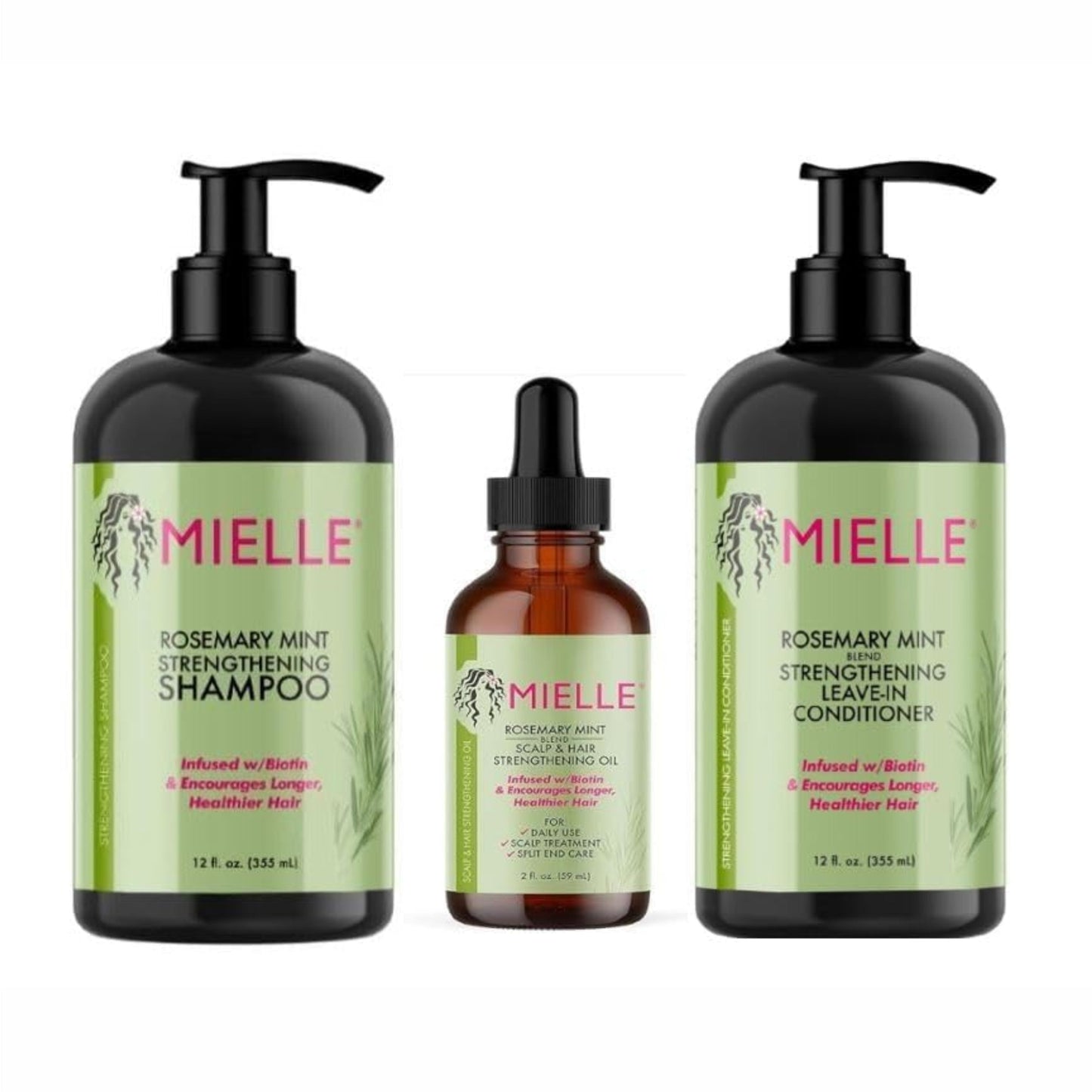 Mielle Bundle Natural Rosemary Scalp & Hair Strengthening Oil, Mint Shampoo & Conditioner - 59 ML & 355 ML Each