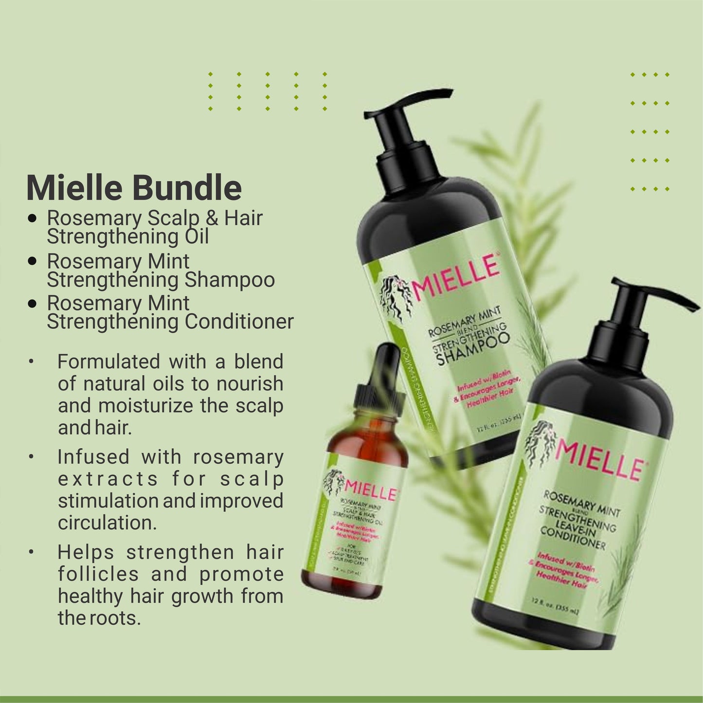 Mielle Bundle Natural Rosemary Scalp & Hair Strengthening Oil, Mint Shampoo & Conditioner - 59 ML & 355 ML Each