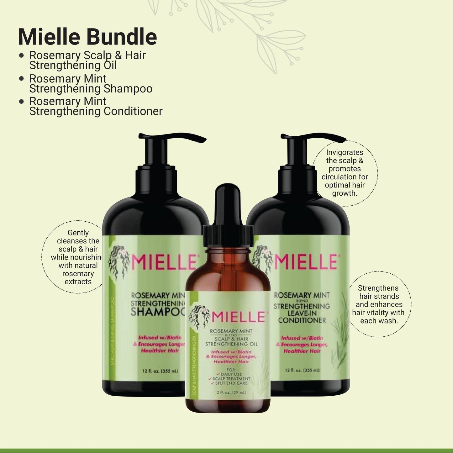 Mielle Bundle Natural Rosemary Scalp & Hair Strengthening Oil, Mint Shampoo & Conditioner - 59 ML & 355 ML Each