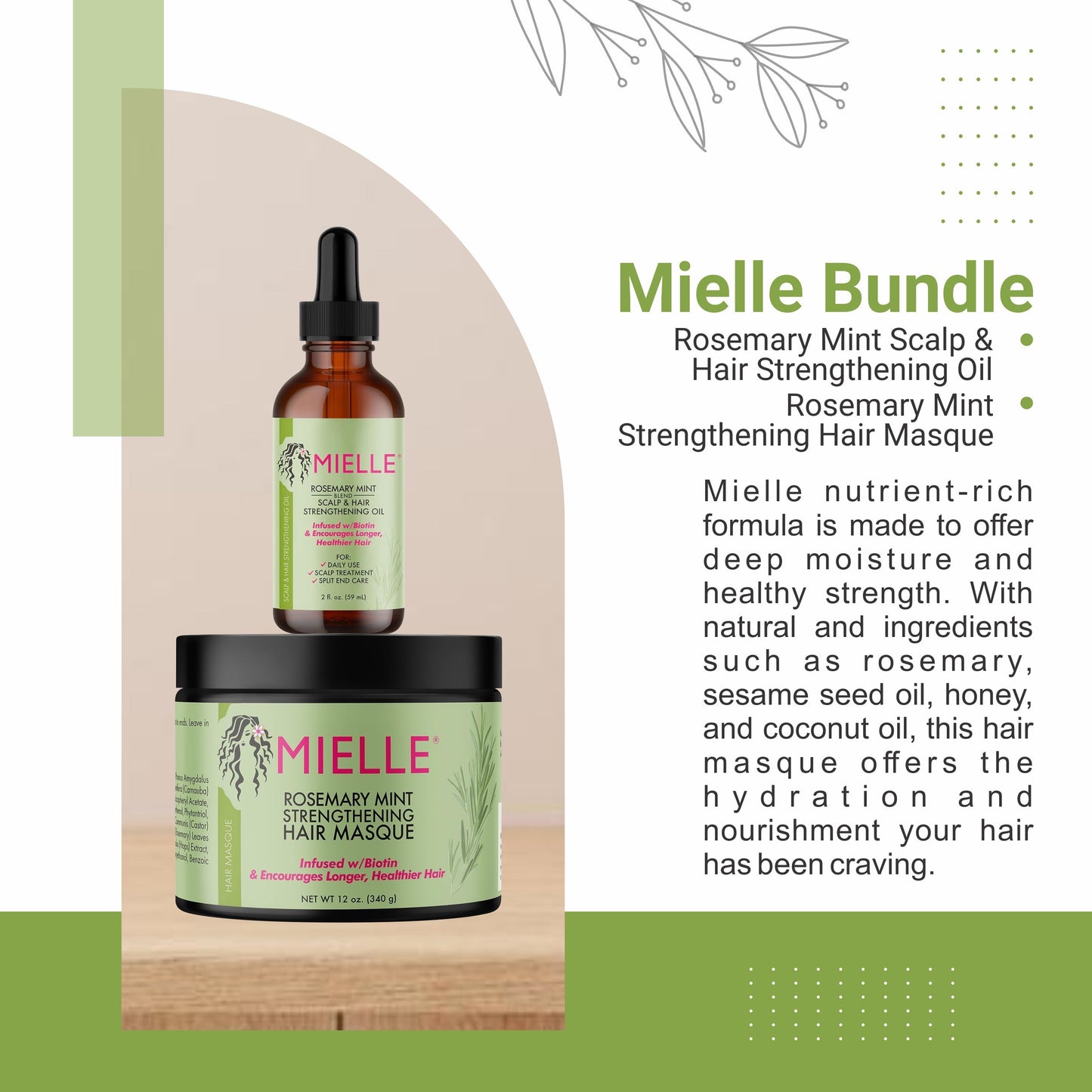 Mielle Bundle Rosemary Mint Scalp & Hair Strengthening Oil 59 ML & Rosemary Mint Strengthening Hair Masque 340 Gram