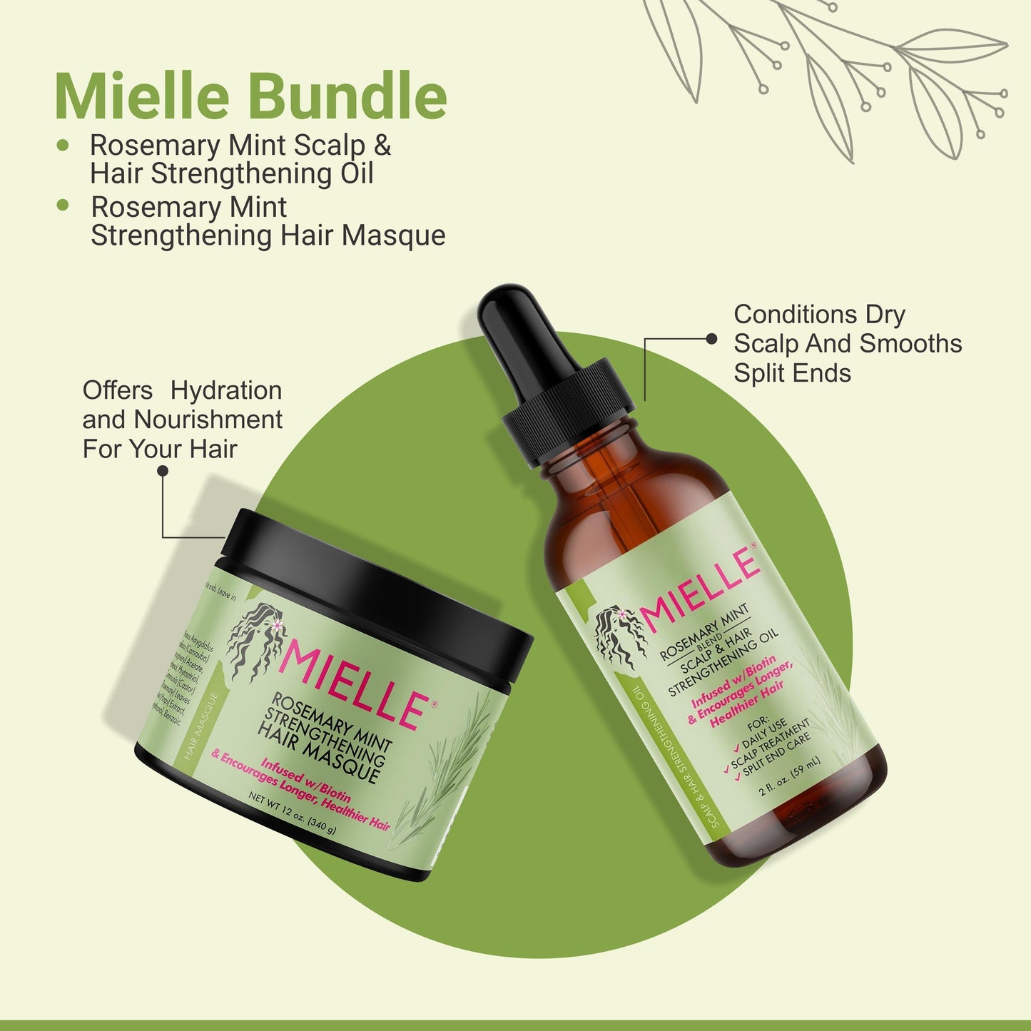 Mielle Bundle Rosemary Mint Scalp & Hair Strengthening Oil 59 ML & Rosemary Mint Strengthening Hair Masque 340 Gram