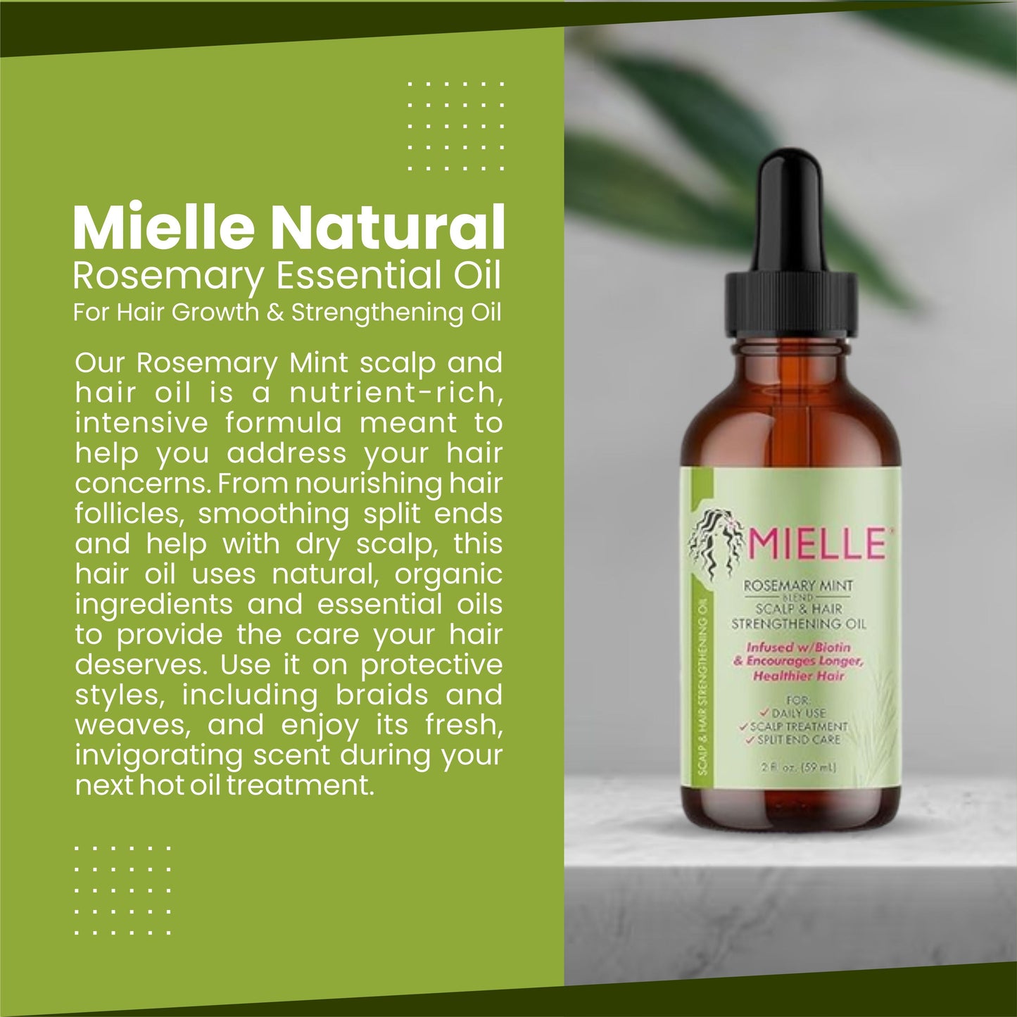 Mielle Natural Rosemary Mint Hair Oil with Biotin – Strengthen & Nourish Hair, Reduce Hair Fall | 59ml